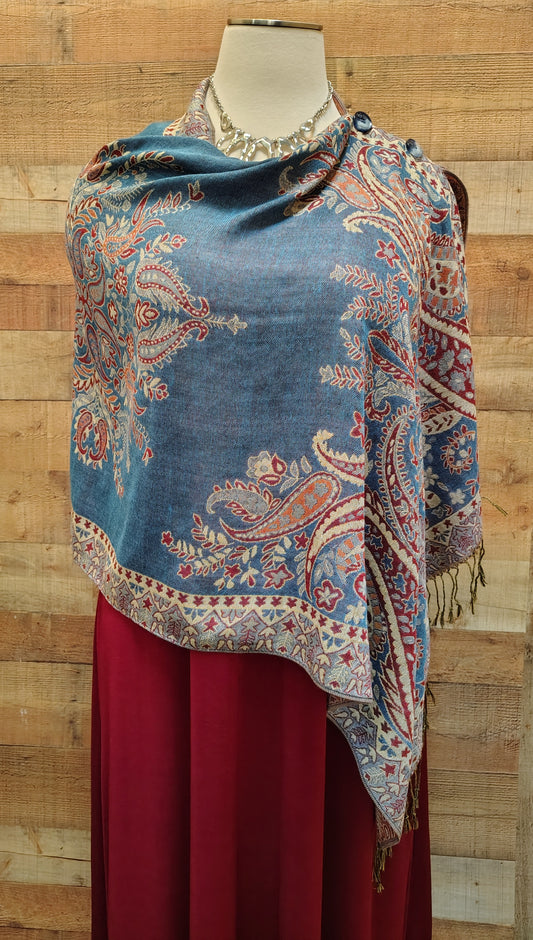 2 Button Original Design Shawl-Denim Blue & Burgundy