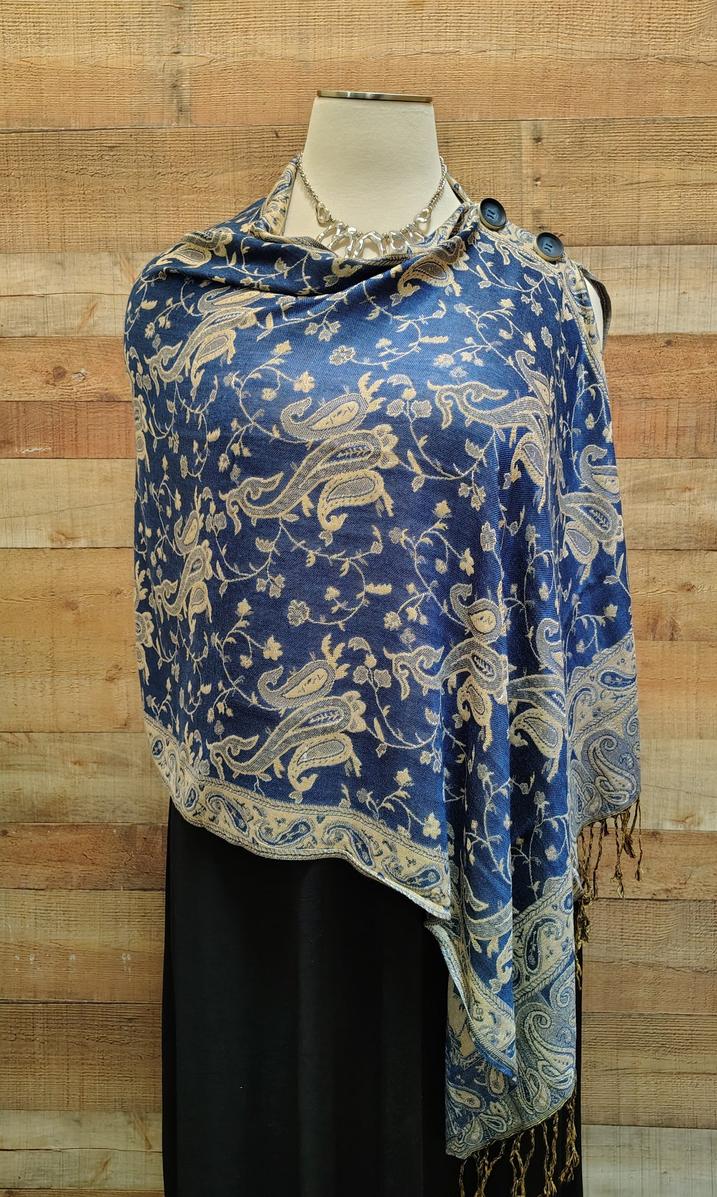 2Button Original Design Shawl Royal Blue & Beige Paisley