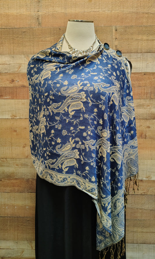 2Button Original Design Shawl Royal Blue & Beige Paisley