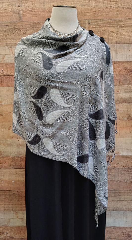 2 Button Shawls Original Design-Black & Grey Small Paisley Print