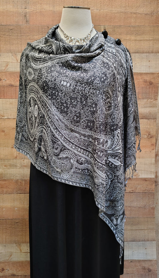 2 Button Shawl- Custom Designed- Black & Off White Paisley + Misc Patterns