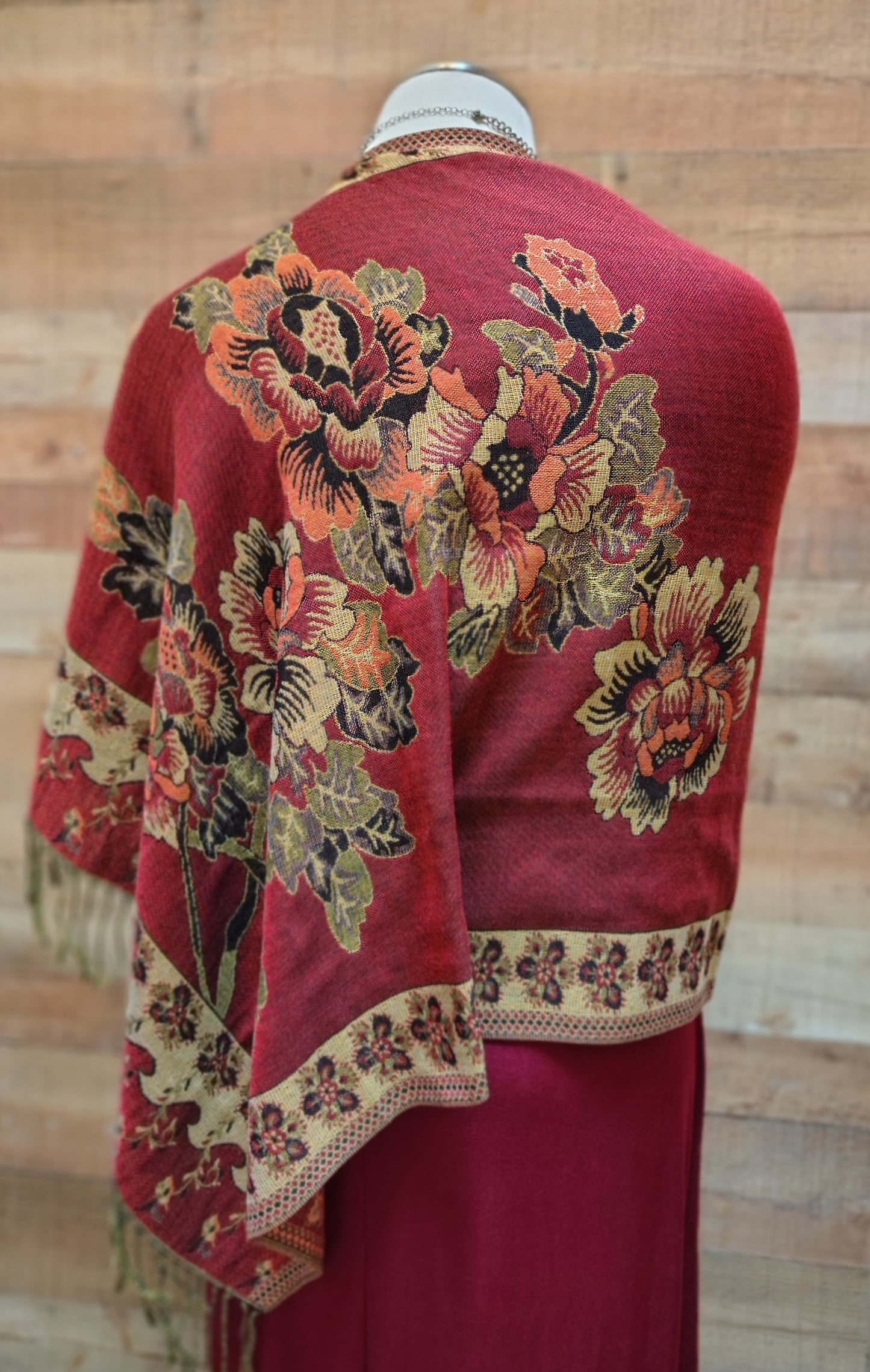 2 Button Original Design Shawl-Dark Burgundy Metallic Floral