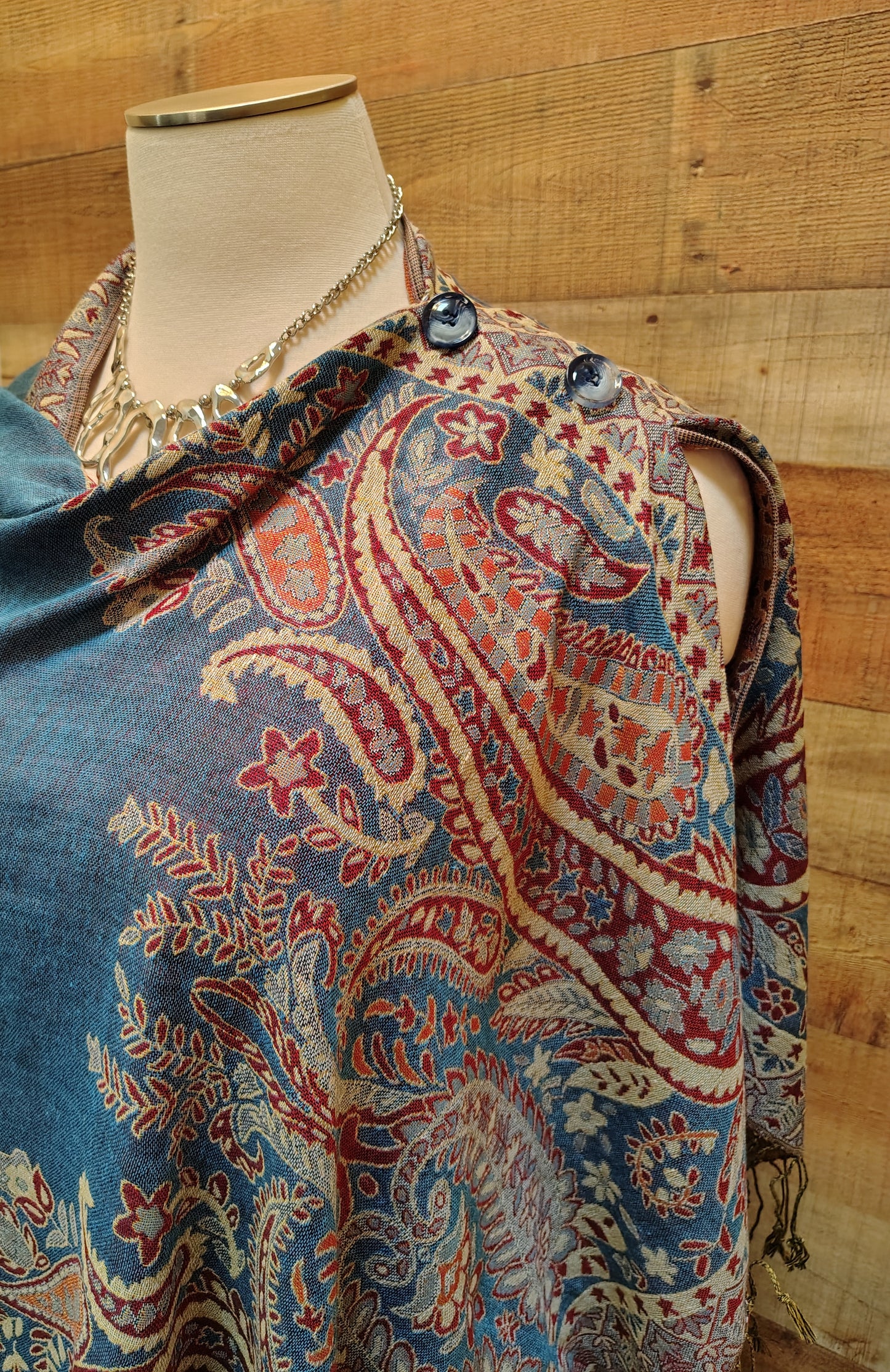 2 Button Original Design Shawl-Denim Blue & Burgundy