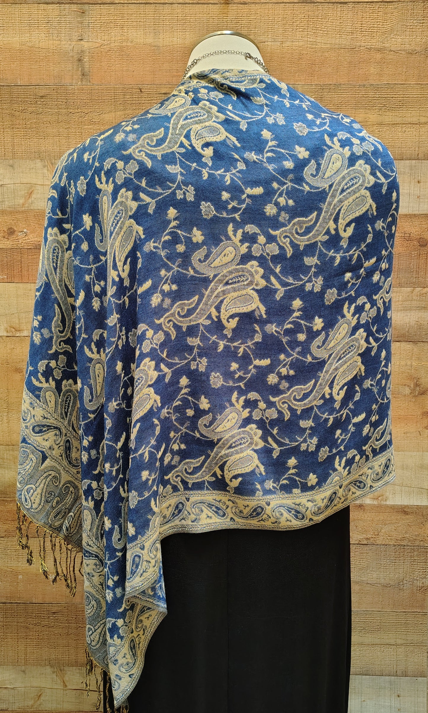 2Button Original Design Shawl Royal Blue & Beige Paisley