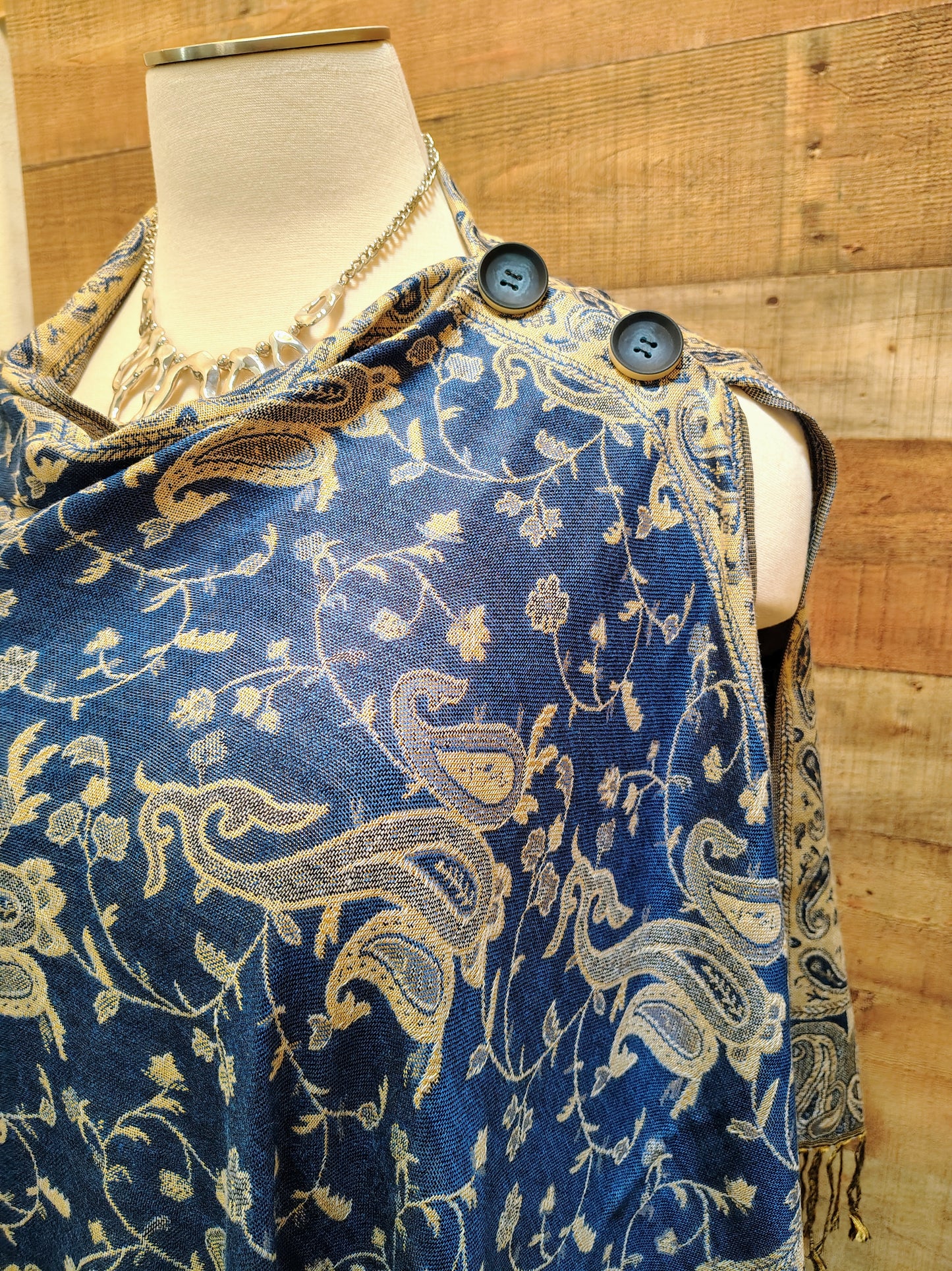 2Button Original Design Shawl Royal Blue & Beige Paisley