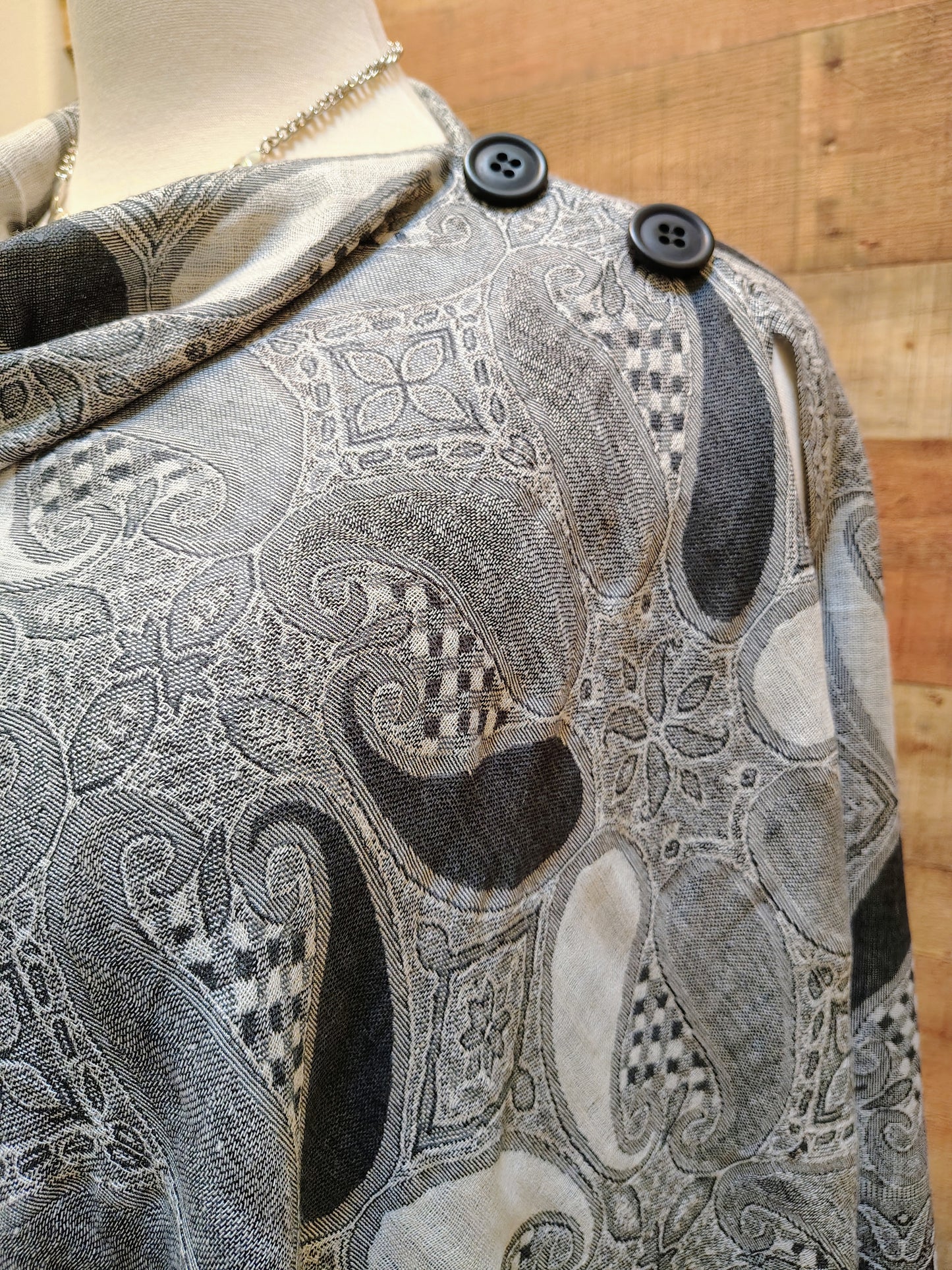 2 Button Shawls Original Design-Black & Grey Small Paisley Print