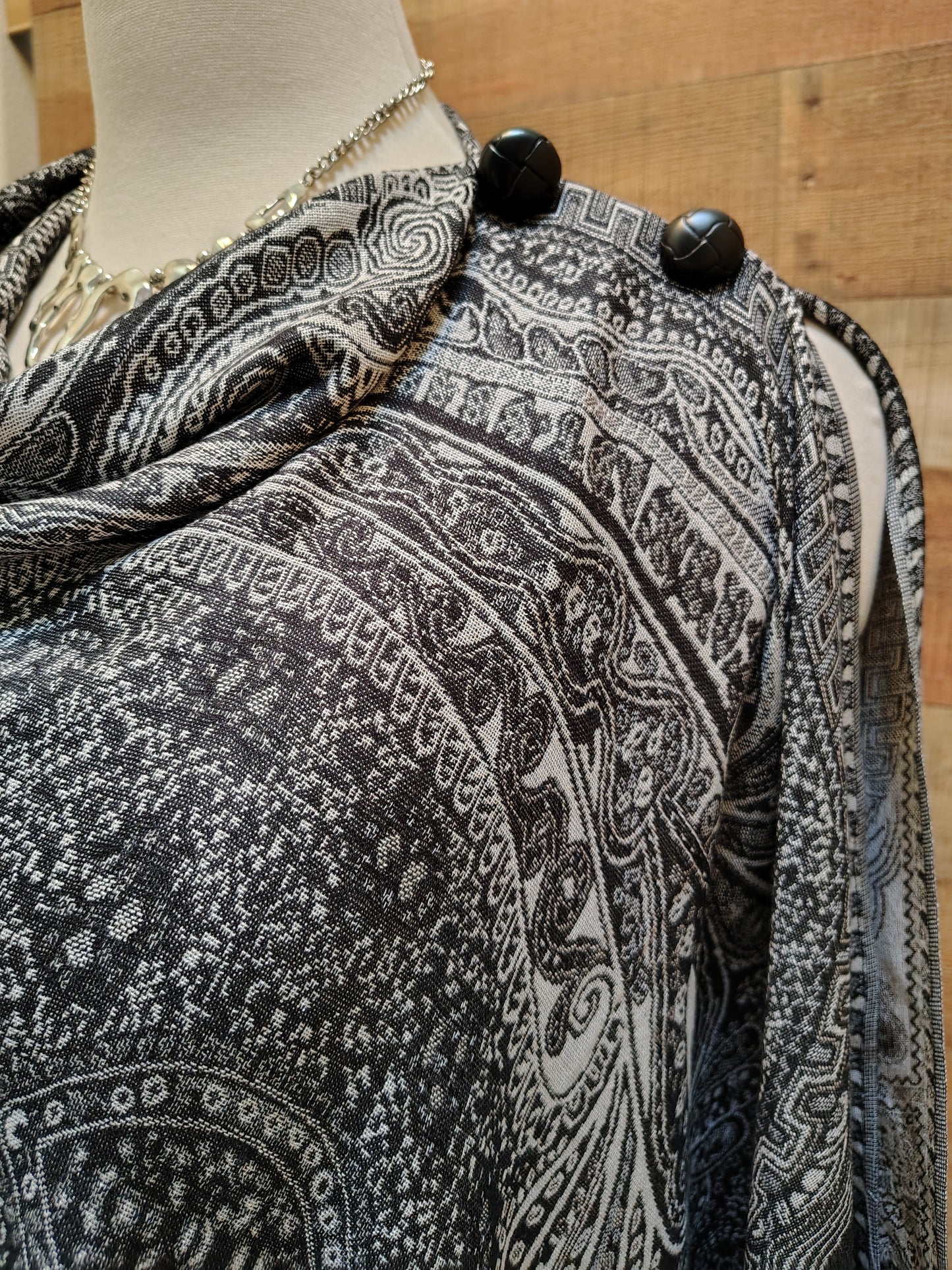 2 Button Shawl- Custom Designed- Black & Off White Paisley + Misc Patterns