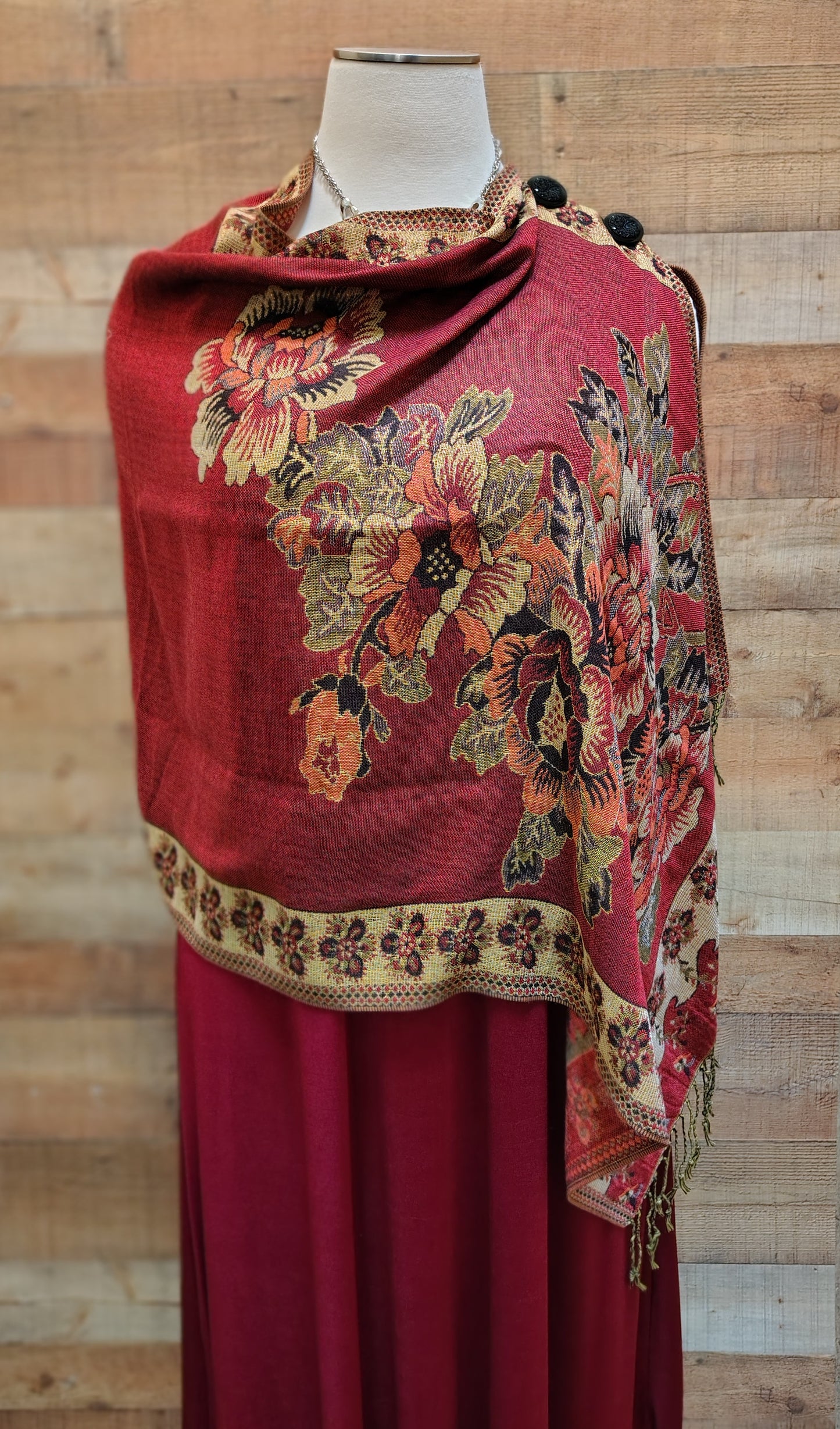 2 Button Original Design Shawl-Dark Burgundy Metallic Floral