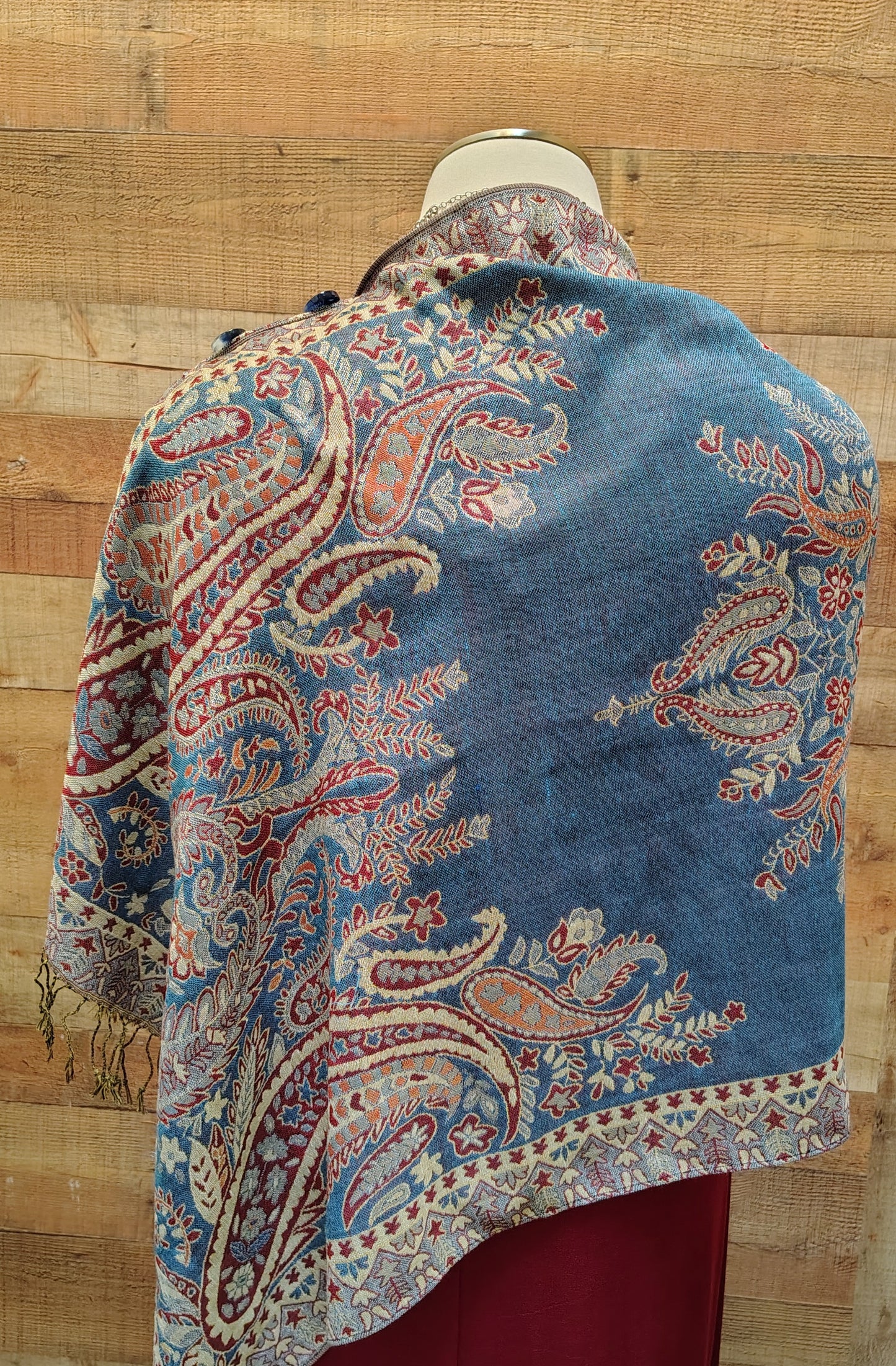 2 Button Original Design Shawl-Denim Blue & Burgundy
